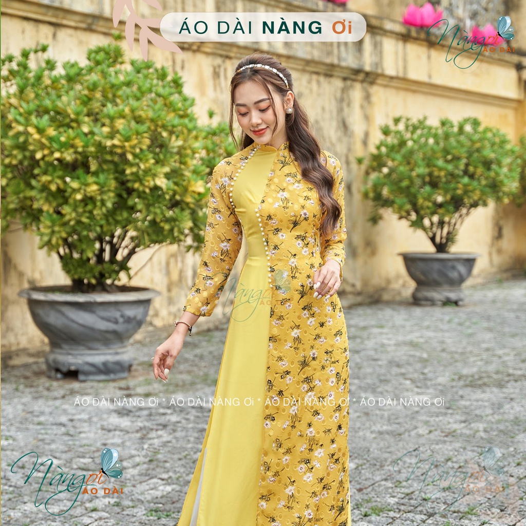 Áo Dài Hoa Nhí 4 Tà Vàng Đính Ngọc Truyền Thống  Lụa Tơ Hoa Da Hồng Đẹp