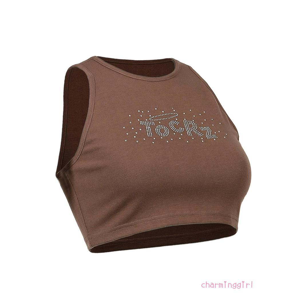 Áo lửng không tay cổ tròn dáng ôm đính kim cương giả giản dị cho nữ