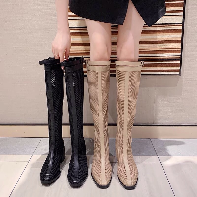 Bốt lưới nữ cổ cao dưới đầu gối gót vuông cao 6cm có khoá kéo