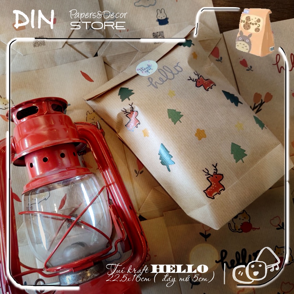 [TẶNG tem niêm phong] Túi giấy Kraft &quot;Hello&quot; KT 16x22.5cm - Bì giấy gói quà craft không quai, nắp gấp dán sticker