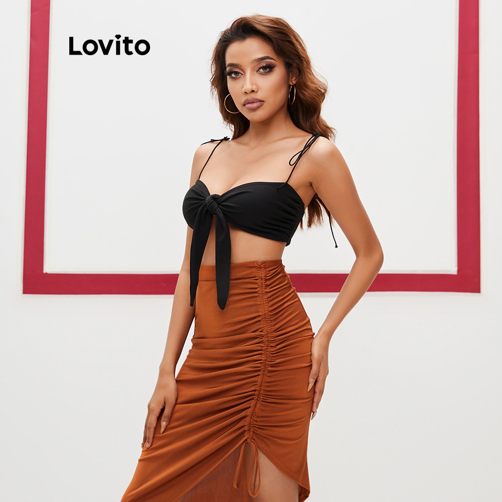Áo tank top Lovito cổ chữ V cột dây màu trơn sexy L13X060 (Màu đen) | BigBuy360 - bigbuy360.vn
