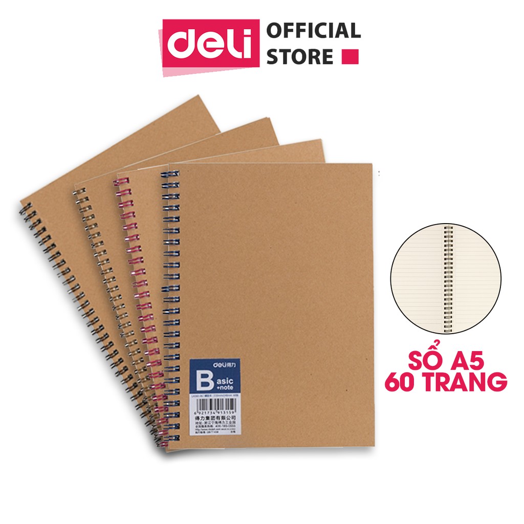 Combo 4 Cuốn Sổ tay ghi chép A5 gáy xoắn 60 trang Deli - Kẻ ngang - LA560-06