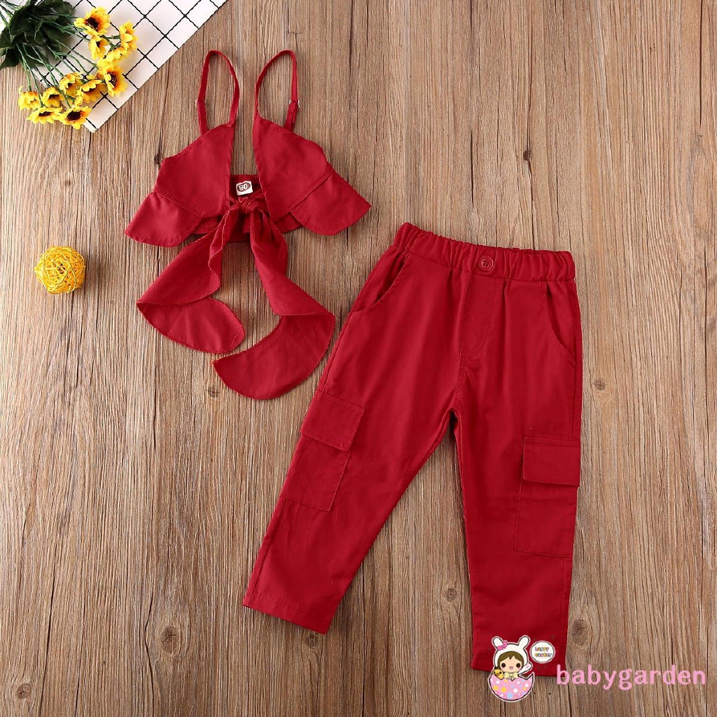 Bộ áo bèo nhún màu đỏ dạng buộc + quần lưng thun thời trang mùa hè cho bé gái