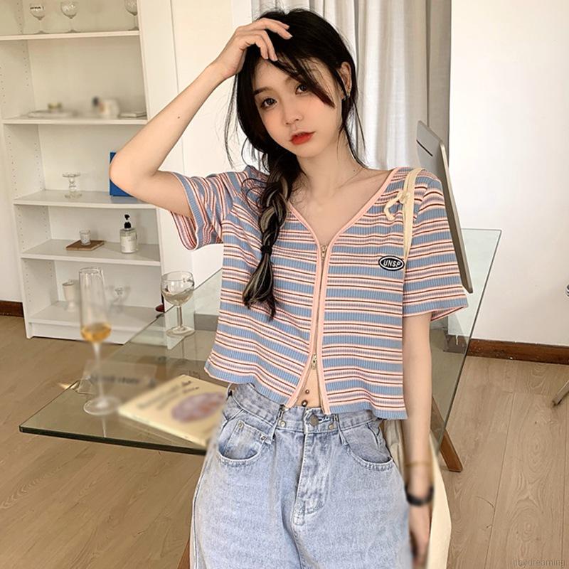 Áo Cardigan Dệt Kim Tay Ngắn Cổ Chữ V Phối Khóa Kéo Phong Cách Hàn Quốc Cho Nữ