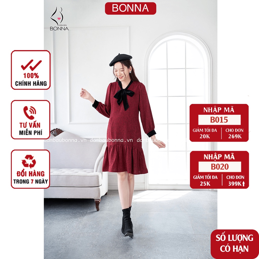 Váy bầu thu đông BONNA chất liệu dạ text cao cấp ấm áp, mềm mịn phối cùng nơ đính cổ bằng nhung đen nữ tính V926