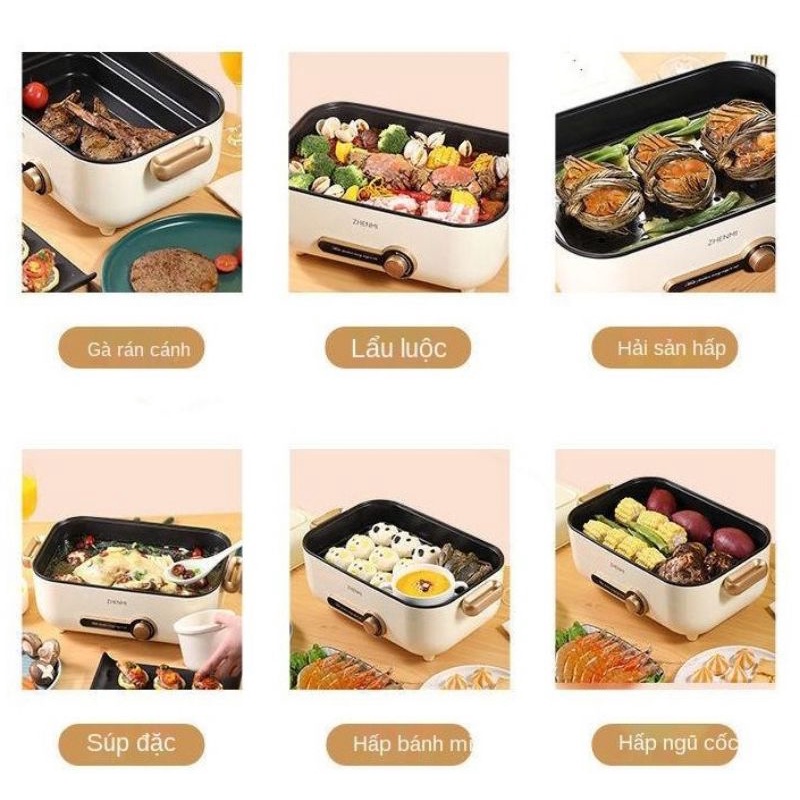 Nồi lẩu, bếp nướng, hấp, chiên, xào, rán đa năng zhenmi dung tích 4 lít, công suất 1500w bảo hành chính hãng 12 tháng