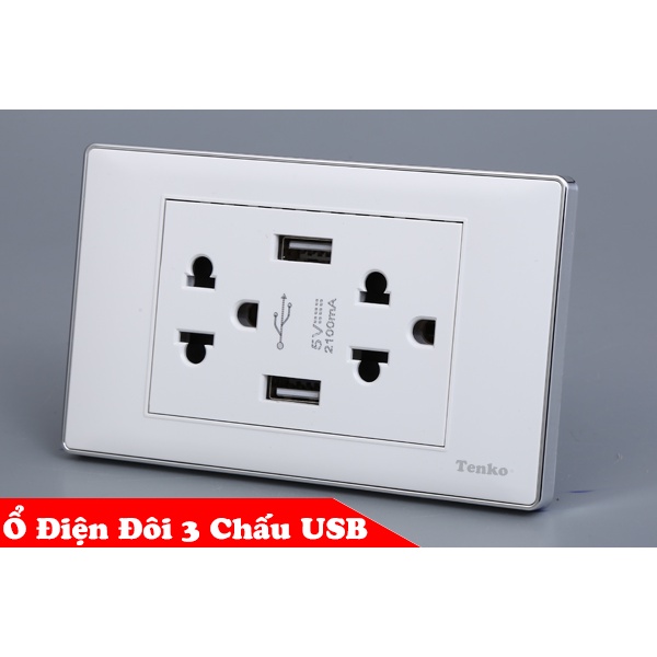 Ổ Điện Đôi 3 Chấu Tích Hợp 2 Cổng USB Sạc Âm Tường Màu Trắng TENKO TK-C27-T045