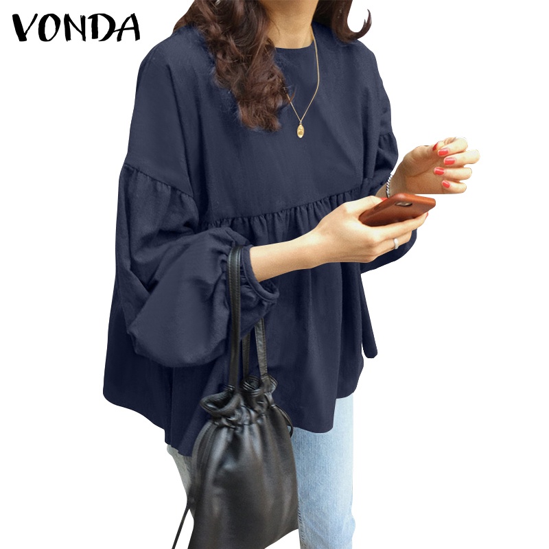 Áo Kiểu VONDA Tay Dài Cổ Tròn Xếp Nếp Thời Trang Phong Cách Hàn Quốc Cho Nữ