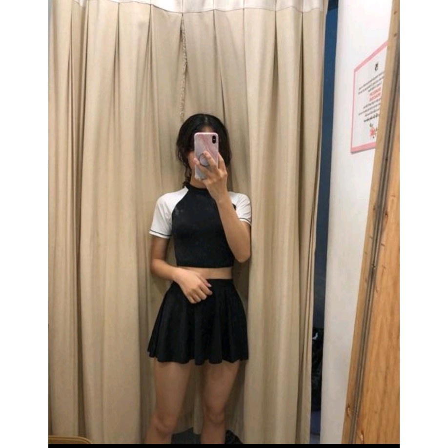 Đồ bơi bikini nữ kín đáo áo croptop đen tay ngắn phối chân váy HM49VA