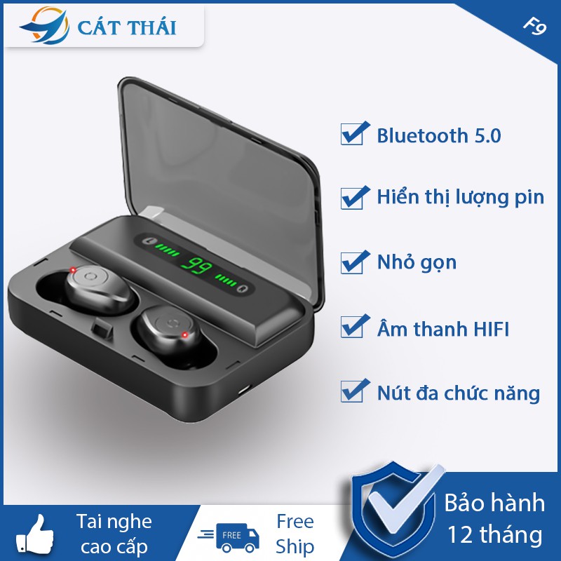 Tai nghe bluetooth F9 hộp đựng có màn hình hiển thị có thể dùng để sạc cho điện thoại bluetooth 5.0 âm thanh cực rõ ràng