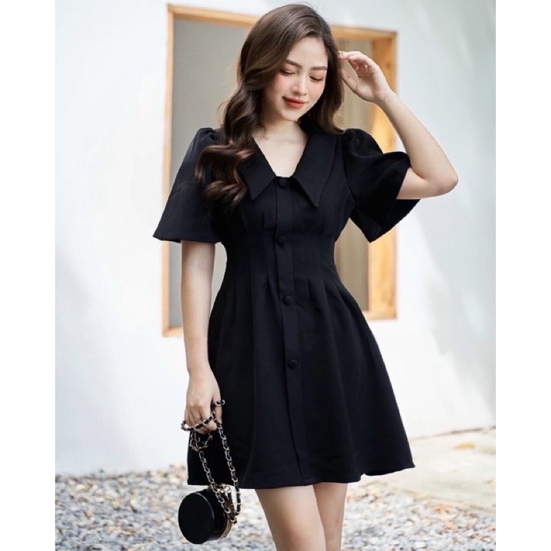 Váy đầm đen phối cúc bọc dáng chữ A tay bồng cổ vest sang trọng cho nữ