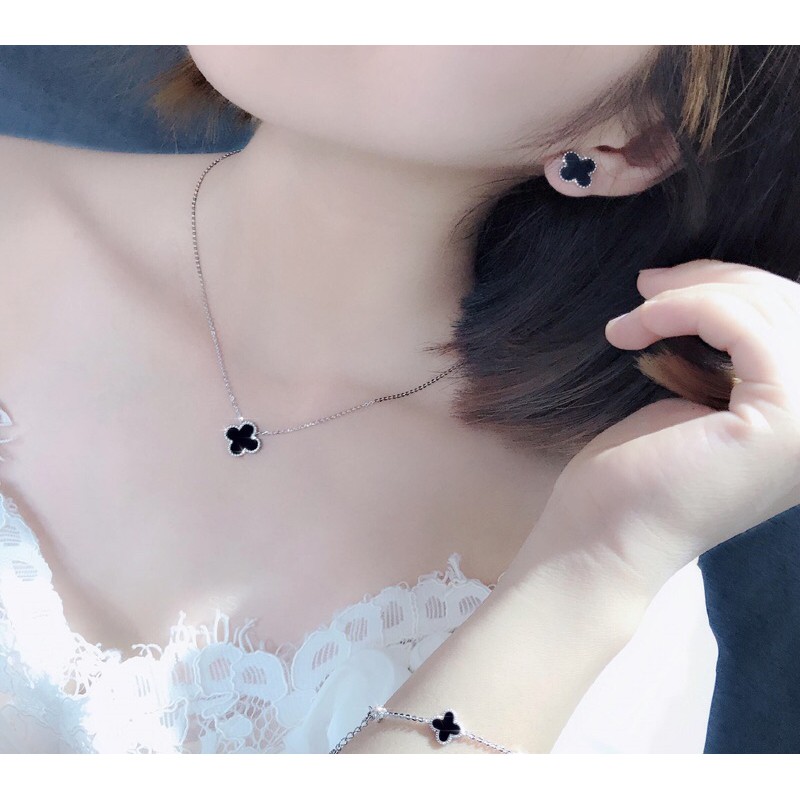 Dây chuyền, khuyên tai cỏ 4 lá đen - trắng - xanh dương bạc thật