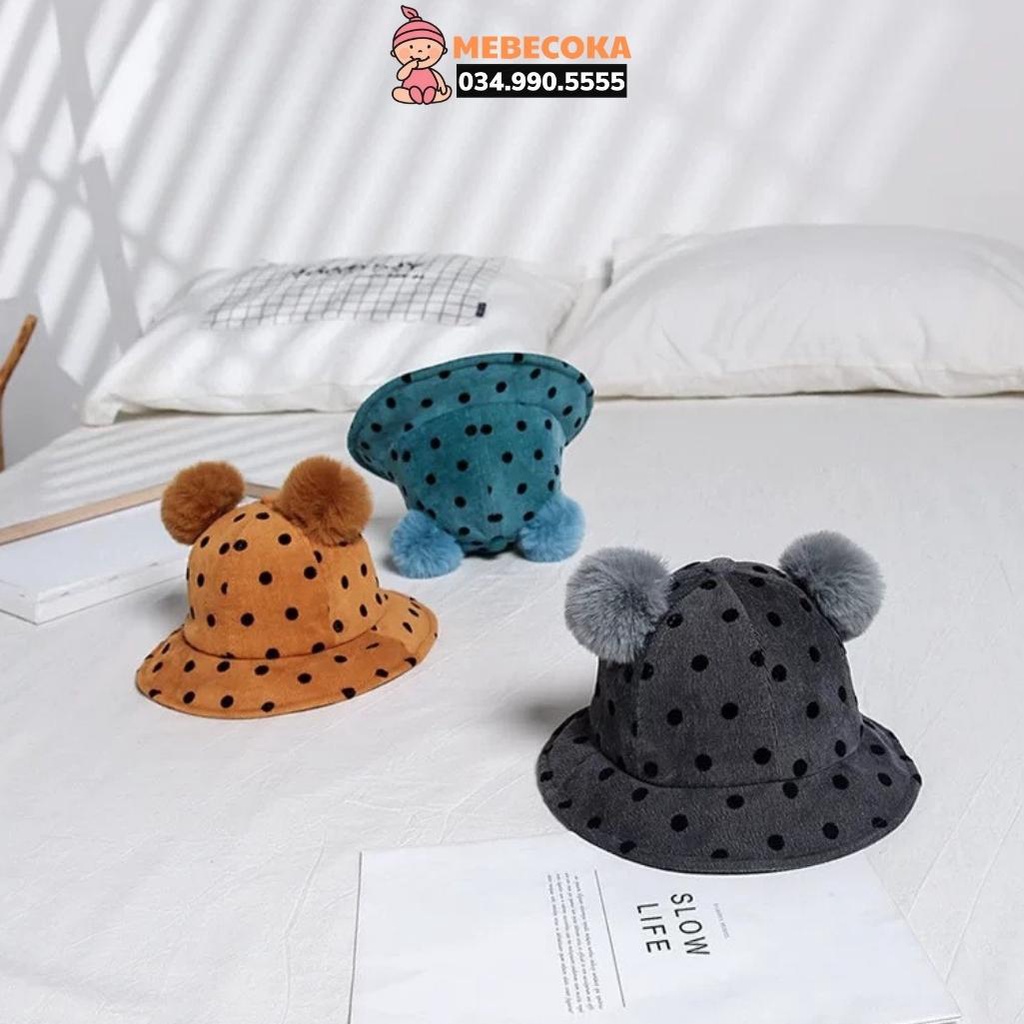 Mũ cho bé, mũ bucket chỏm lông thú, vành nón tai bèo tròn cho bé Trai bé Gái chất liệu CAO CẤP