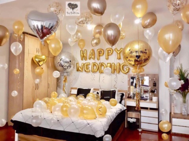 [Tặng 100 Cánh Hoa Hồng] Sét Bóng Happy Wedding Trang Trí Phòng Cưới Tông Đỏ Trắng [ KHUYẾN + MẠI]