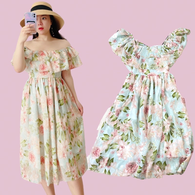 Đầm maxi hoa đi biển trễ vai bèo👗clip + ảnh thật👗 tơ lụa mềm mượt cao cấp