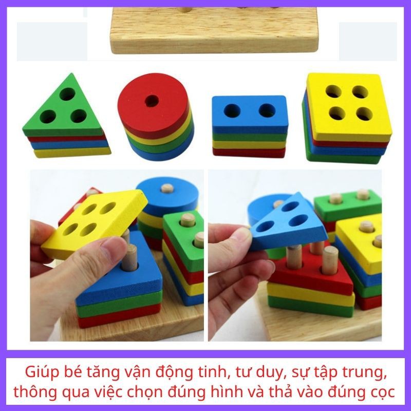 Đồ chơi montessori thả hình 4 cọc bằng gỗ cho bé