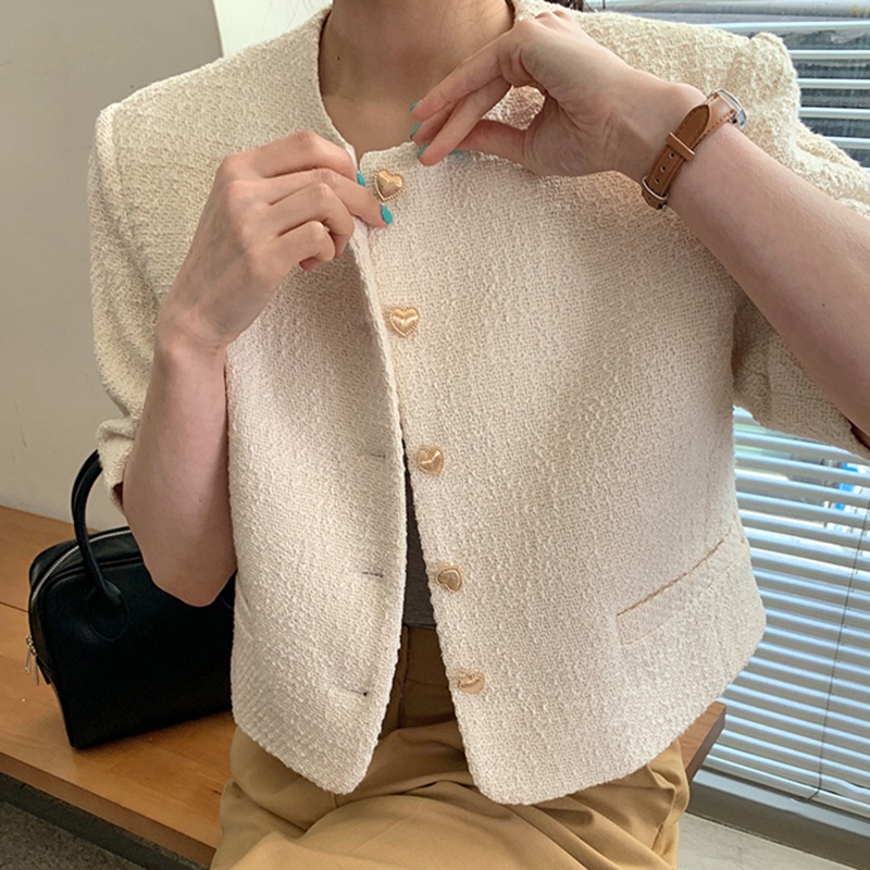 (ORDER) Áo khoác blazer cộc tay vải Tweed mỏng mùa hè style công sở thanh lịch màu kem sang trọng