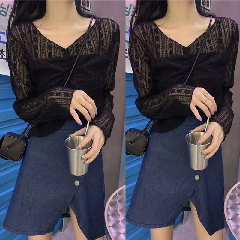 Áo Croptop Ren Tay Dài Phong Cách Pháp Thời Trang Đi Biển Mùa Hè Xinh Xắn