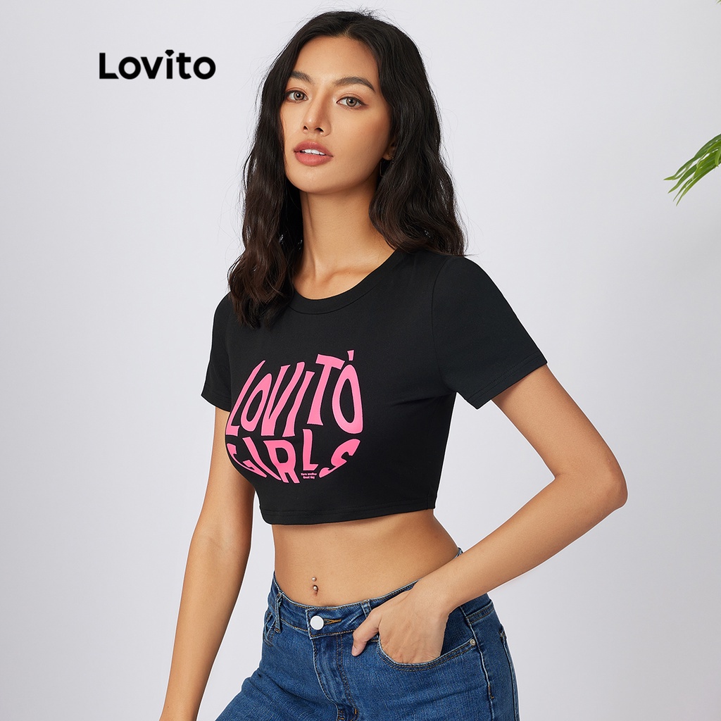Lovito Phi hành đoàn Thư thường Áo phông Crop Tay ngắn Tay ngắn L21AS086 (Đen)