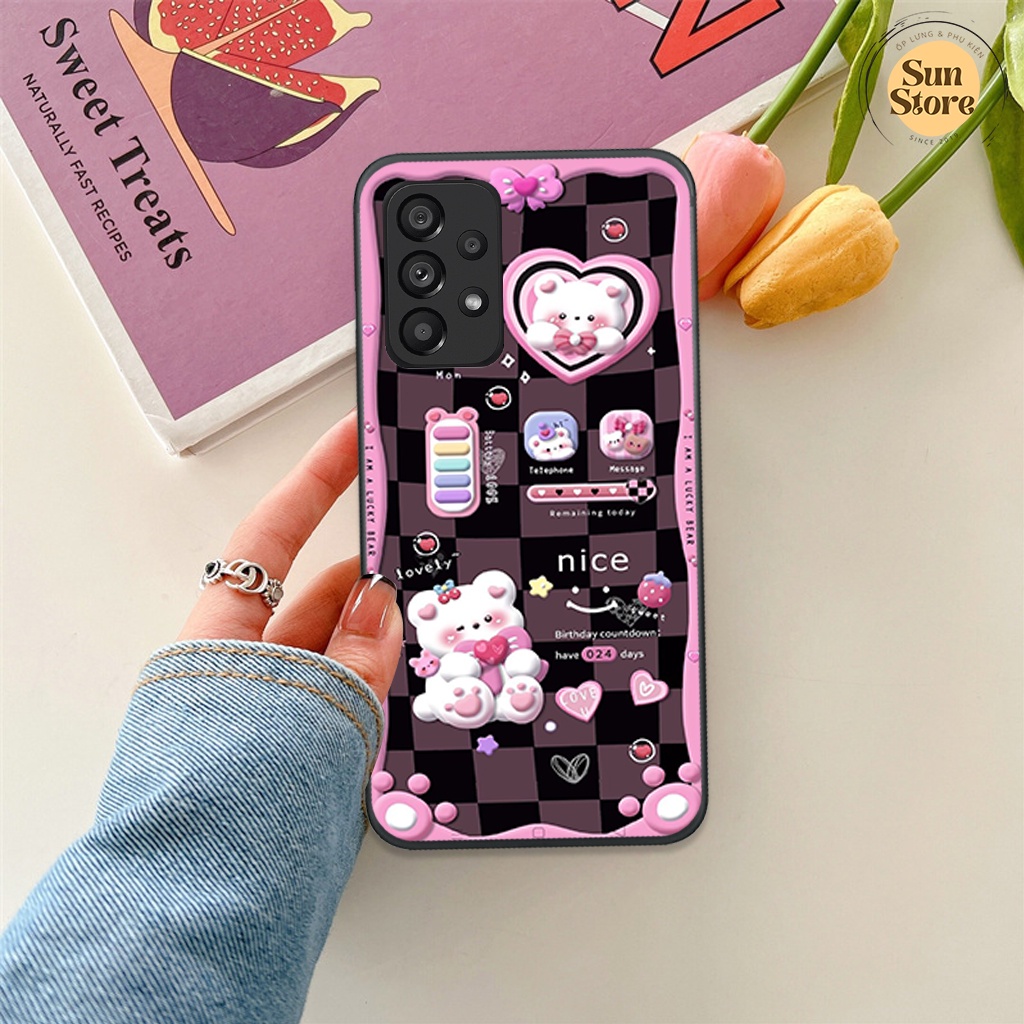 Ốp lưng Samsung A13/ A23/ A33/ A53/ A73 hoạ tiết 3D nền kẻ caro, gấu đáng yêu viền dẻo