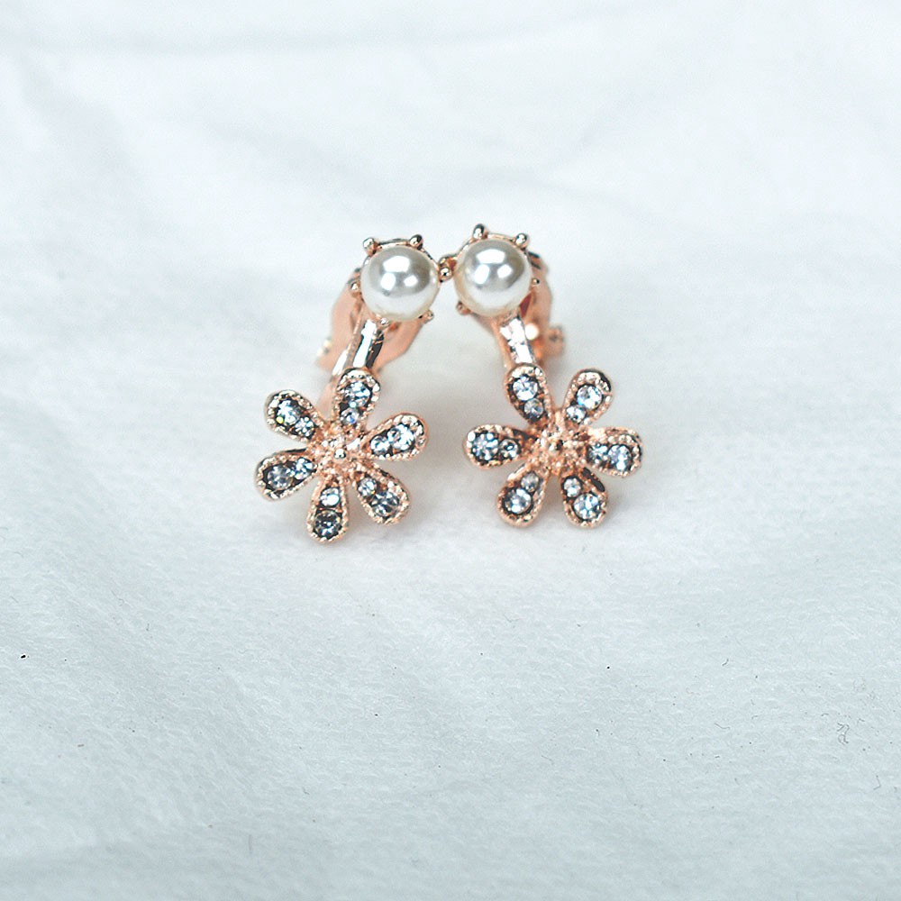 Khuyên kẹp vành tai không xỏ lỗ màu bạc/vàng kim thiết kế hoa đính đá phối ngọc trai giả