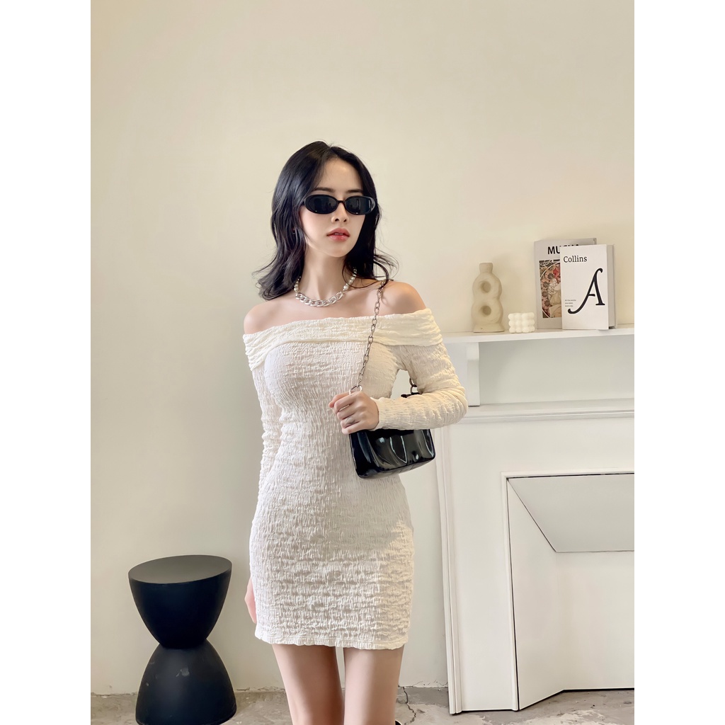 Đầm Gemma bẹt vai - vải xốp nhăn - Hàng Thiết Kế - NIESCLOSET20