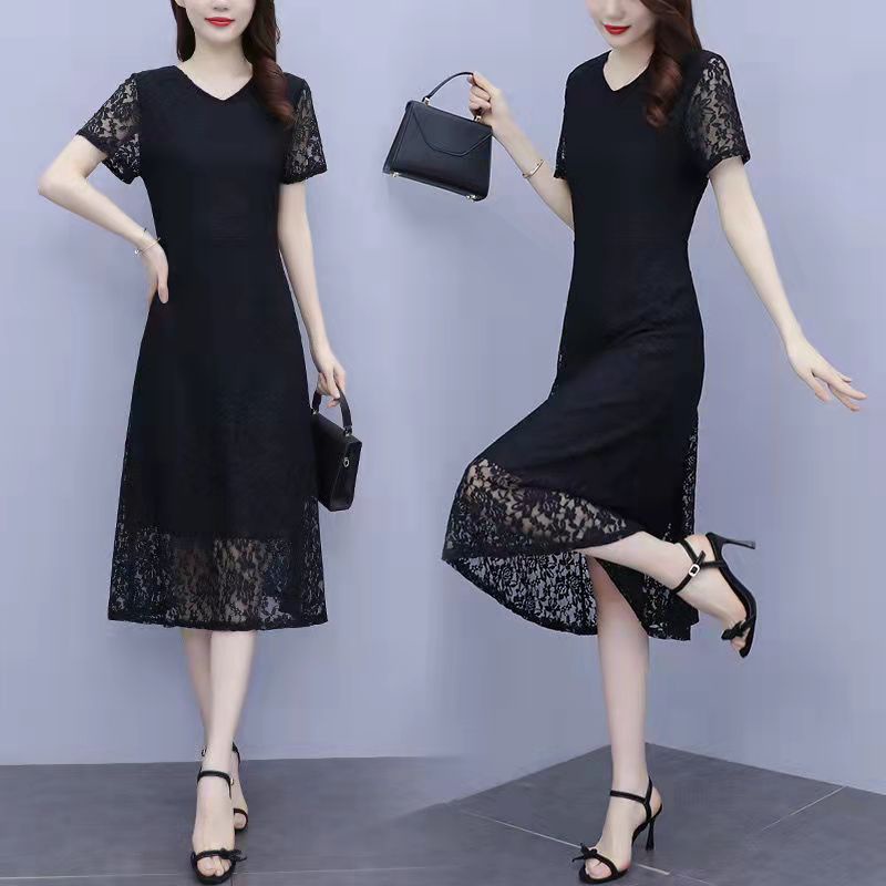 Đầm ren màu đen tay ngắn dài qua gối phong cách Hàn Quốc Y5YD