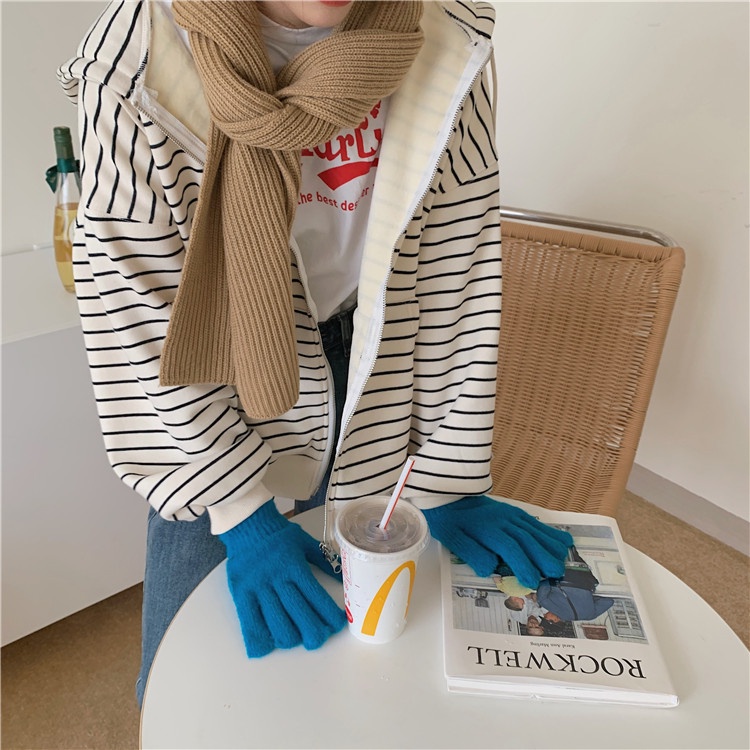 Áo khoác IELGY dáng rộng có mũ trùm và khóa kéo họa tiết sọc ngang thời trang cho nữ