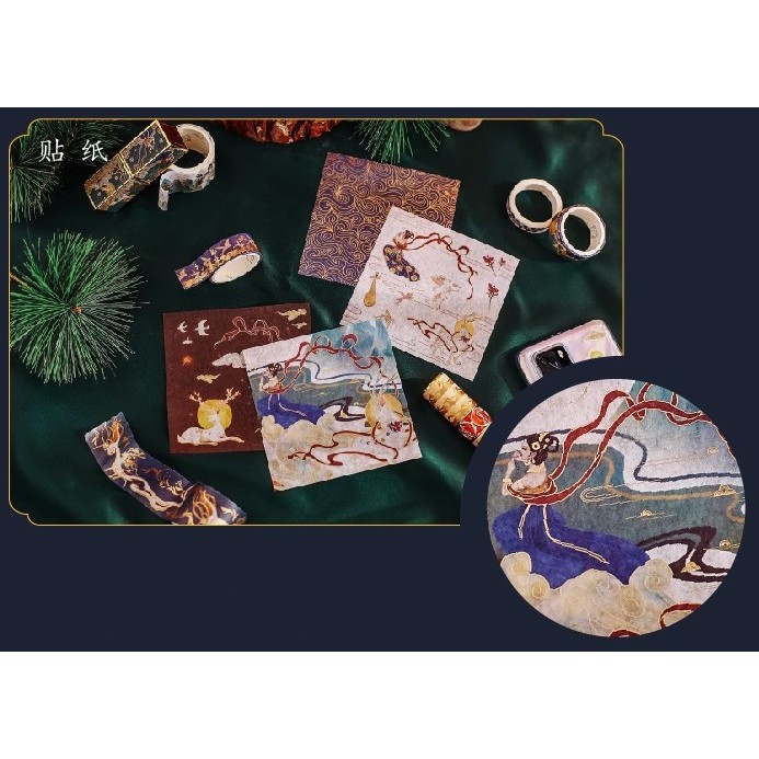 Combo Sticker Washi masking tape băng dính cổ trang ánh nhũ phong cách Nhật Bản
