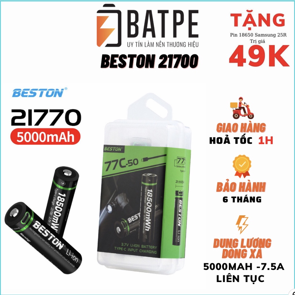 Pin 21700 Beston sạc type C trên thân dung luợng 5000mAh xả 8A