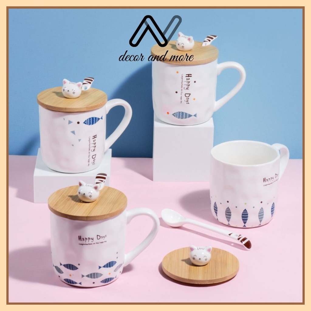 Cốc sứ cá, cốc uống nước nắp gỗ Happy Days in hình cá kèm thìa trang trí, decor