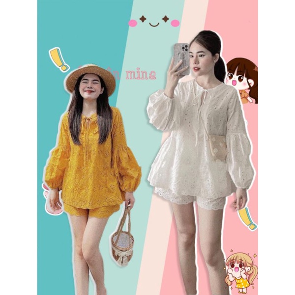 SET ÁO XÔ HOA NỔI TAY DÀI + QUẦN SHORT XÔ VỀ 2 MÀU