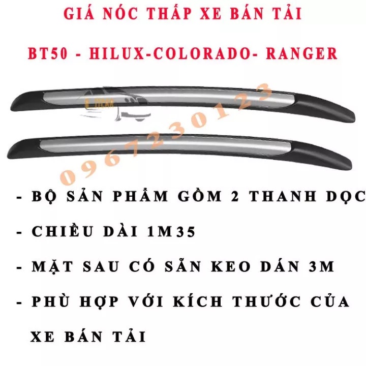 Hai Thanh Giá Nóc Xe Bán Tải Dán Thấp Ranger, BT50, Colorado, Hilux