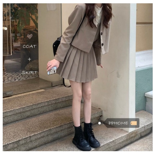 set áo ren dài tay nữ+ váy dây xếp ly đen+áo khoác blazer phong cách Hàn Quốc 2021
