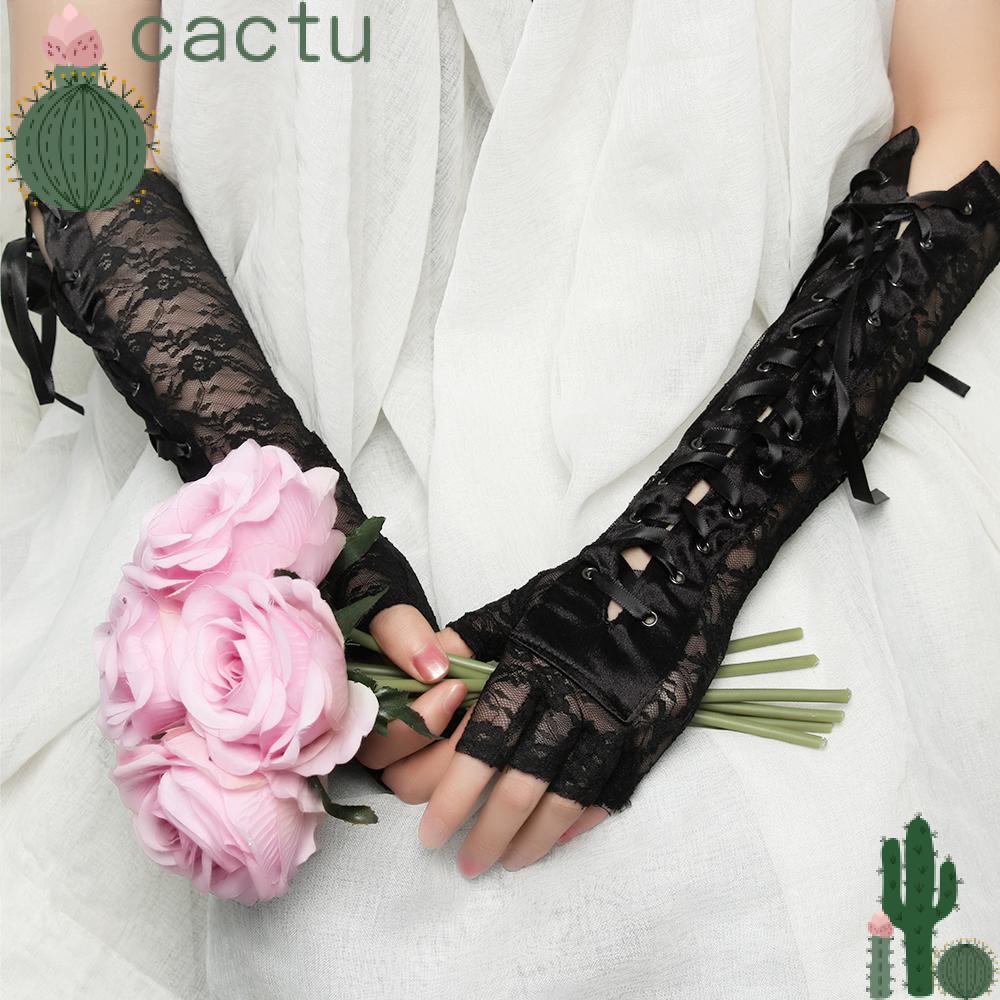 CACTU 1 Pair Women Punk Gothic Mittens Night Club Lace Gloves Halloween Gloves Party Cosplay New Fashion Long Ritual Dance Fingerless Silk Ribbon