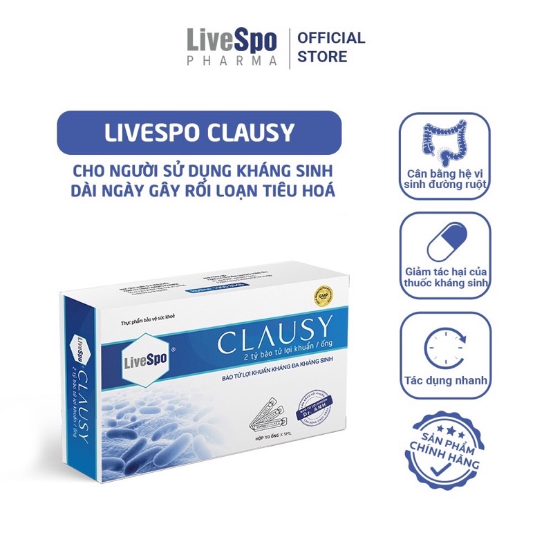 Men vi sinh LiveSpo Clausy - Giảm rối loạn tiêu hóa cho người lớn và trẻ em uống kháng sinh hộp 10 ống