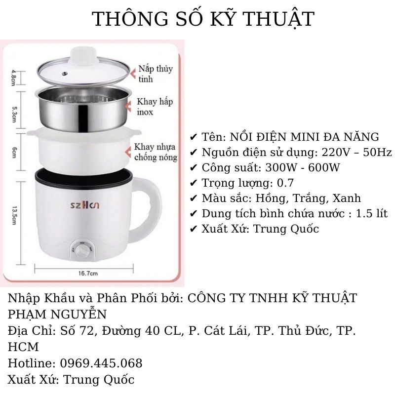 Nồi lẩu điện mini đa năng chống dính 2 tầng 2 nấc nhiệt SZHCN nhỏ gọn tiện lợi dùng ăn lẩu mì chiên xào luộc hấp