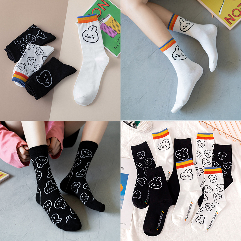 🍀READY STOCK, Japanese and Korean classic cartoon rabbit casual tube socks, Korean socks, cute white rabbit socks, all kinds of cotton women’s socks, college style socks