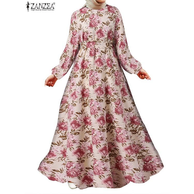 Zanzea Đầm Maxi Tay Dài Hoạ Tiết Hoa Thêu Cho Phụ Nữ Islam