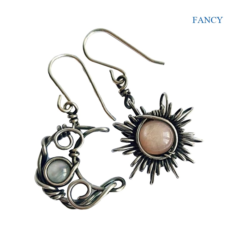 Bông Tai Bạc Hình Mặt Trời Và Mặt Trăng Thời Trang Vintage