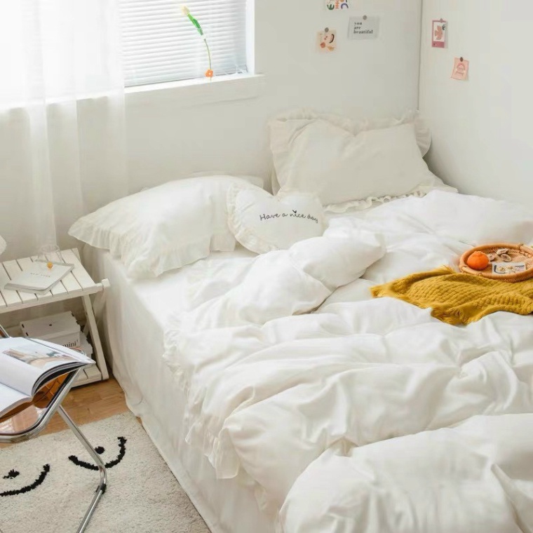 Bộ chăn ga gối Cotton tici viền bèo đáng yêu drap giường Hàn quốc ga trải bo chun đủ size - Màu trắng viền bèo Chăn Ga G