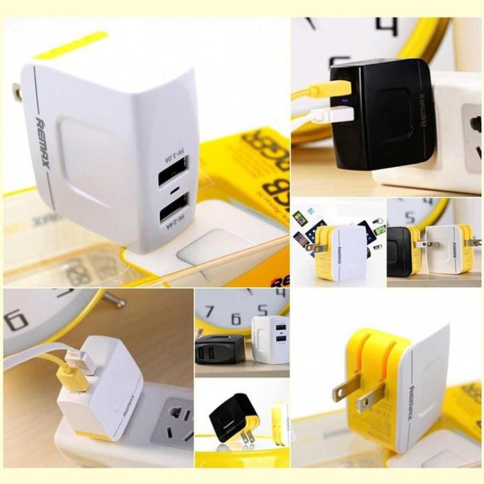 Cốc sạc Remax 3.4A 2 cổng USB gồm 1 cổng 2.4A và 1 cổng 1.0A phích cắm gập tiện lợi