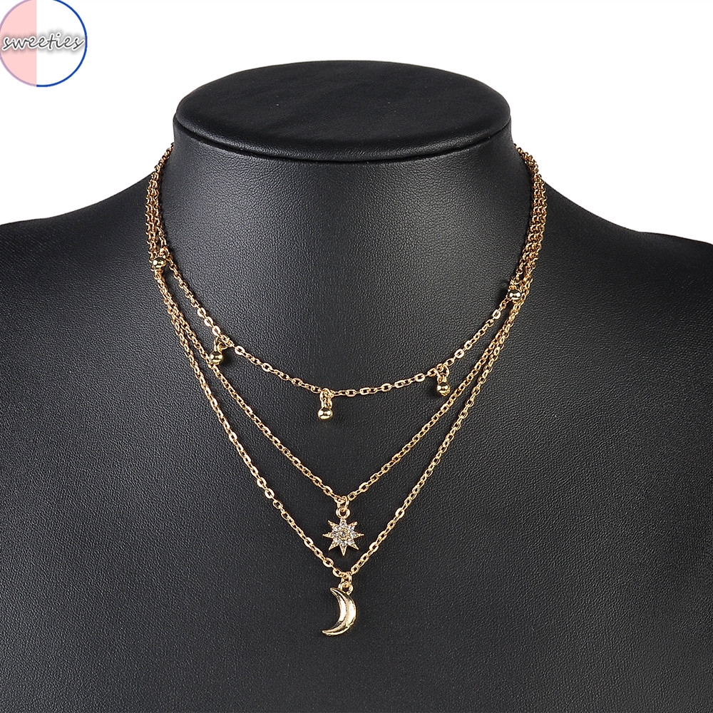 Dây chuyền nhiều lớp đính mặt trăng và ngôi sao phong cách Boho cổ điển