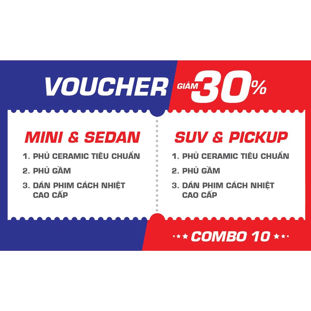 Voucher giảm 30% Phủ ceramic tiêu chuẩn + phủ gầm + dán phim cách nhiệt cao cấp