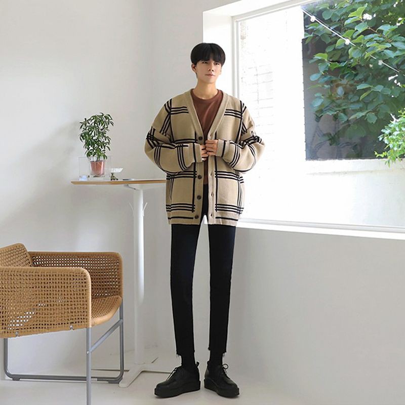 Áo khoác len Cardigan thu đông form rộng kẻ ô sọc cho nam
