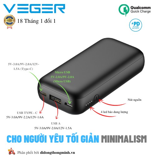 Pin Sạc Dự Phòng Veger Jerry 10,000Mah Sạc Nhanh PD 20W, QuickCharge 3.0 - Siêu Nhanh, Siêu Gọn, Chống cháy