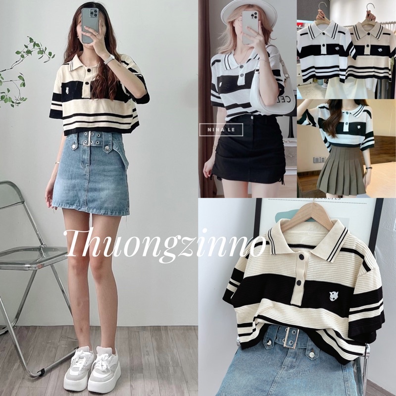 [Ảnh thật/Video]Áo kẻ polo Tây có cổ kiểu mongtogi Quảng Châu  Áo len sọc ngang Hàn Quốc