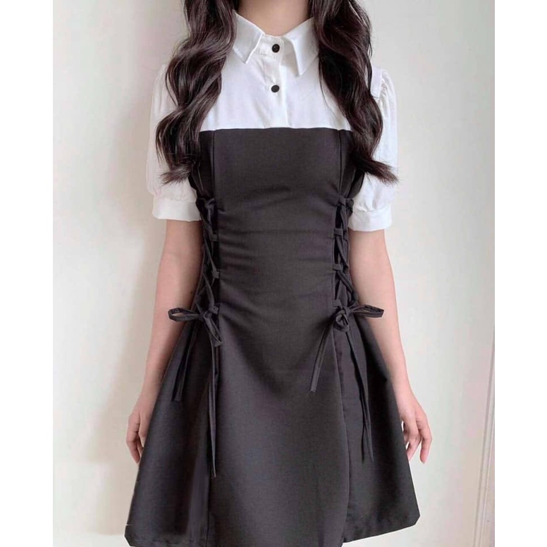V015 Váy sơ mi trắng phối yếm đen dây đan eo tay lỡ công chúa bánh bèo, đầm thắt nơ eo tay bồng chữ A nữ tính tiểu thư