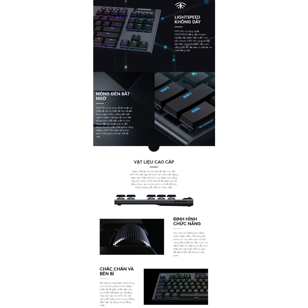 Bàn Phím Cơ Không Dây Logitech G913 RGB TKL - Logitech G913 TKL Lightspeed Wireless - Hàng Chính Hãng