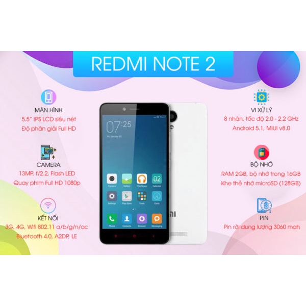 Điện thoại Xiaomi Redmi Note 2 2SIM Chính Hãng - Ram 2/16GB - Pin 2420 mAh